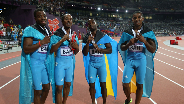 Bahamas celebrate winning gold in the Men's 4 x 400m Relay Final