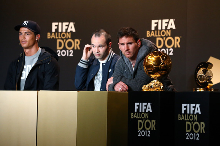 Cristiano Ronaldo of Real Madrid, Andres Iniesta of Barcelona and Lionel Messi of Barcelona FIFA Ballon Gala 2012