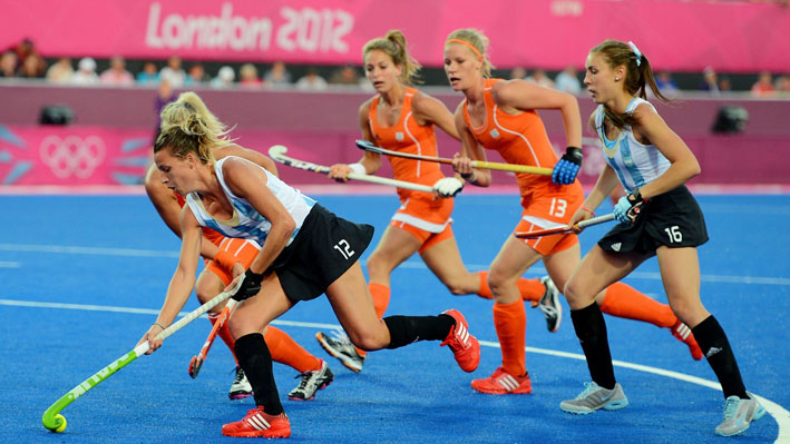 Delfina Merino of Argentina controls the ball against the Netherlands