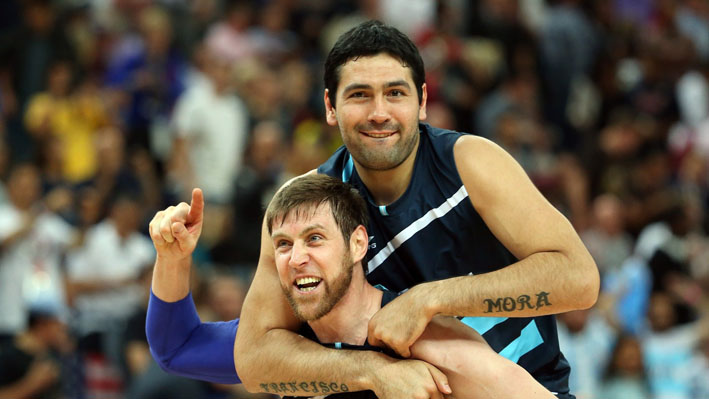 Andres Nocioni and Martin Leiva of Argentina celebrate
