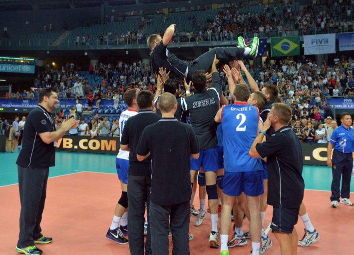 SerbiacelebrateandNikolaGrbiccoachofSerbiajump