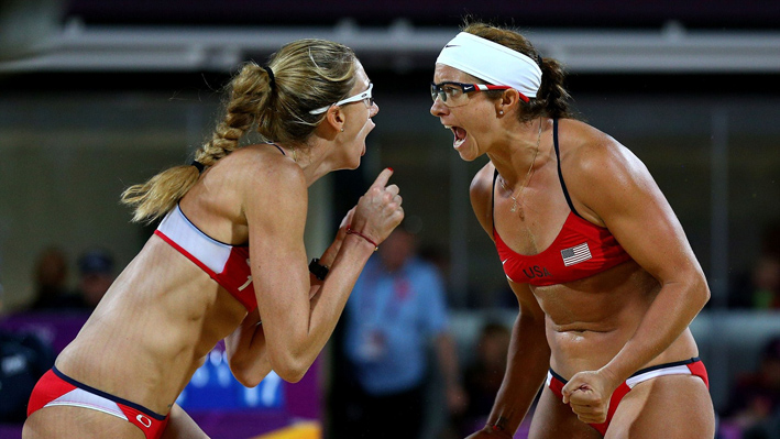 Kerri Walsh Jennings and Misty May-Treanor of the USA celebrate win