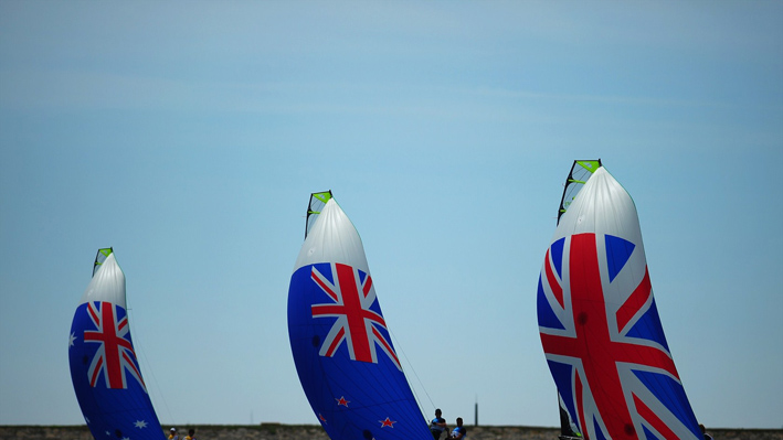 Australia, New Zealand, Great Britain compete in the men's 49er Sailing