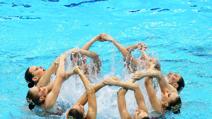 Russia competes in the Women's Teams Synchronised Swimming Technical Routine
