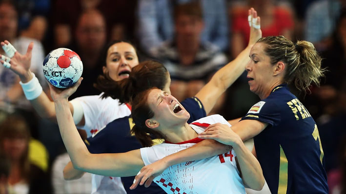 Kristina Franic of Croatia is challenged by Begona Fernandez Molinos of Spain
