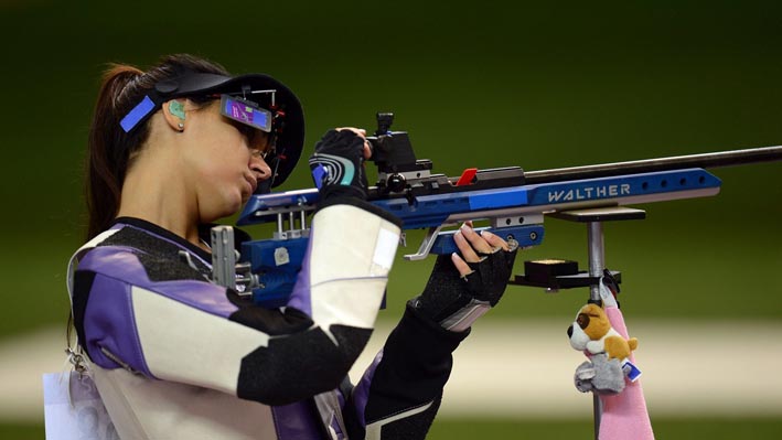 Ivana Maksimovic competes during women's 50m Rifle 3 Positions Shooting finals