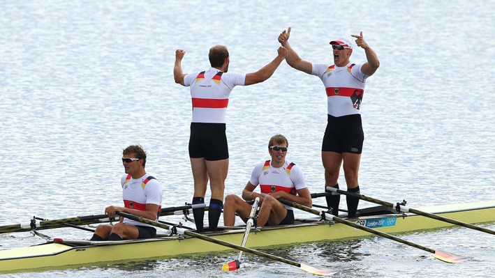 Germany celebrates winning gold in the men's Quadruple Sculls