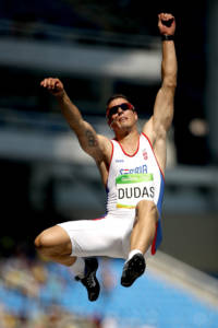 RIO DE JANEIRO, BRAZIL - AUGUST 17: Mihail Dudas of Serbia competes in the Men's Decathlon Long Jump on Day 12 of the Rio 2016 Olympic Games at the Olympic Stadium on August 17, 2016 in Rio de Janeiro, Brazil. (Photo by Cameron Spencer/Getty Images)