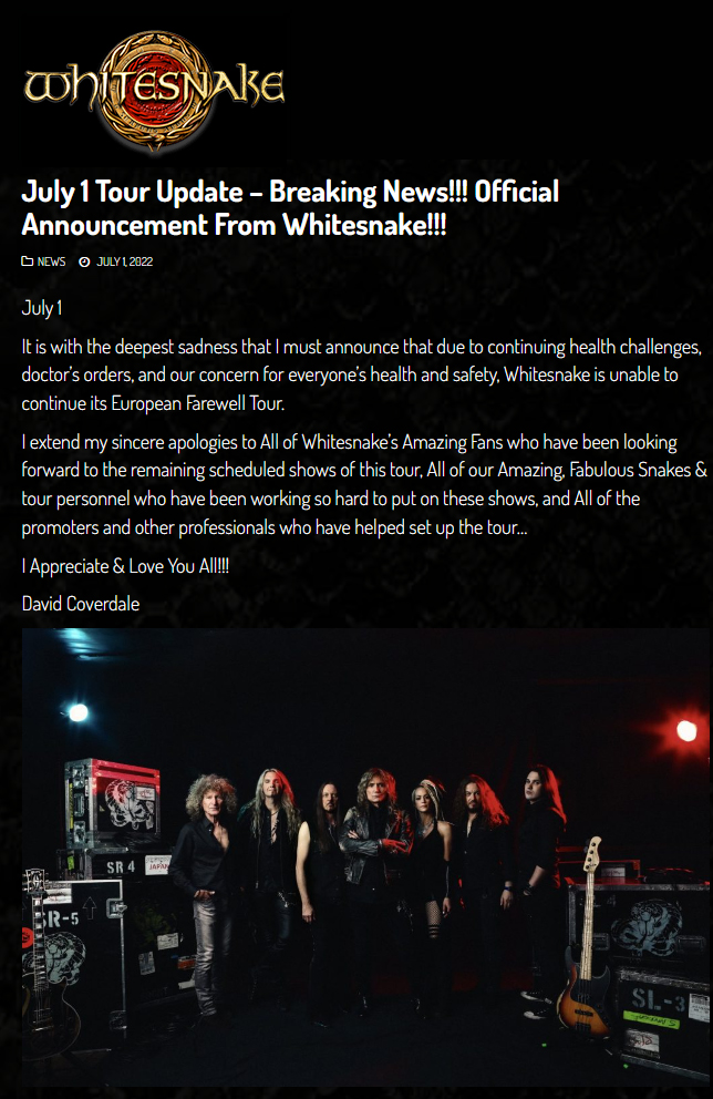 Whitesnake zbog bolesti članova benda otkazao ostatak evropske turneje, uključujući i beogradski koncert 