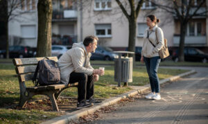Muškarac sedi na klupi sa čašom u ruci dok žena stoji ispred njega u parku