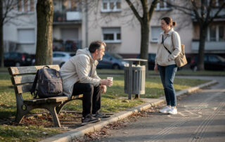 Muškarac sedi na klupi sa čašom u ruci dok žena stoji ispred njega u parku