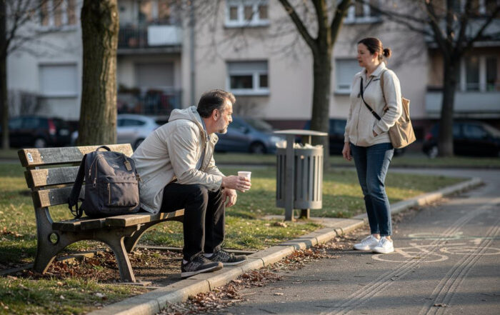 Muškarac sedi na klupi sa čašom u ruci dok žena stoji ispred njega u parku