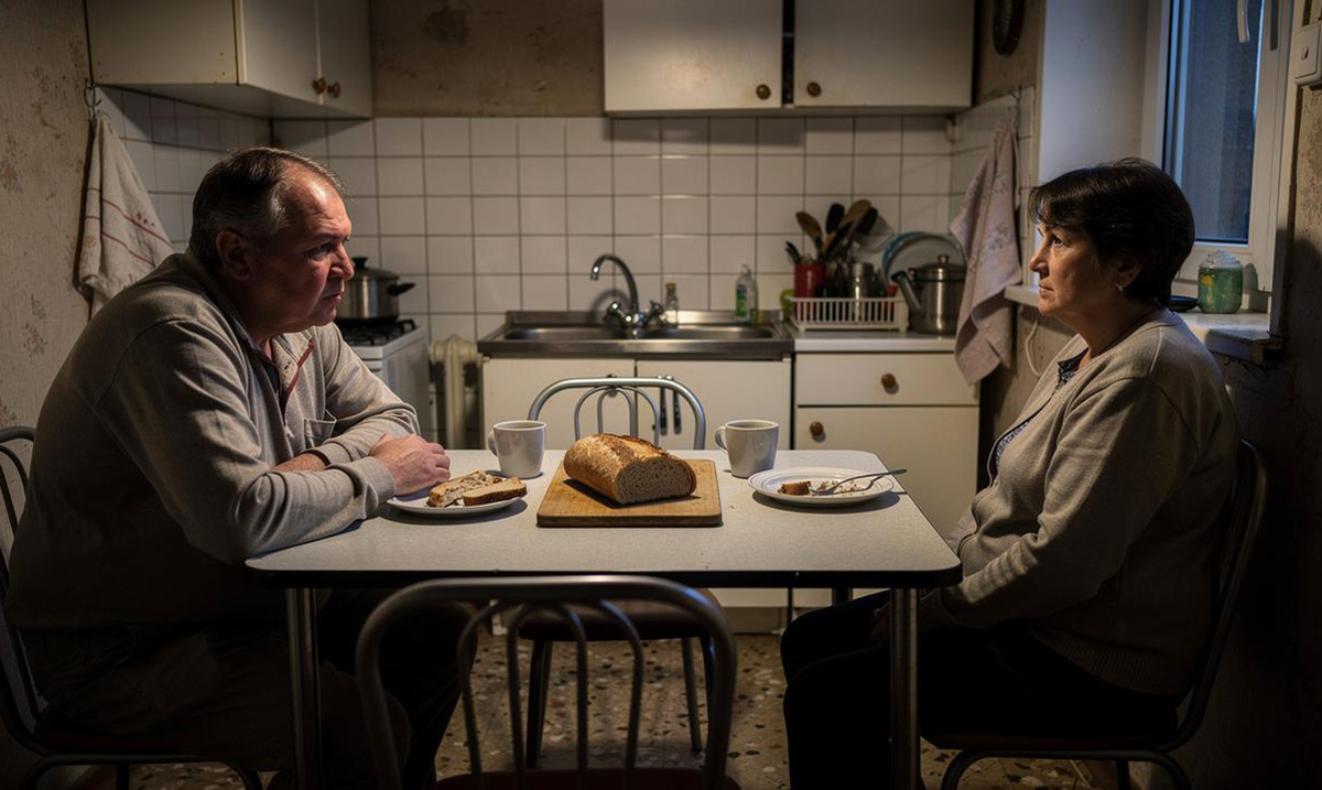 Muškarac i žena sede za kuhinjskim stolom sa hlebom između njih