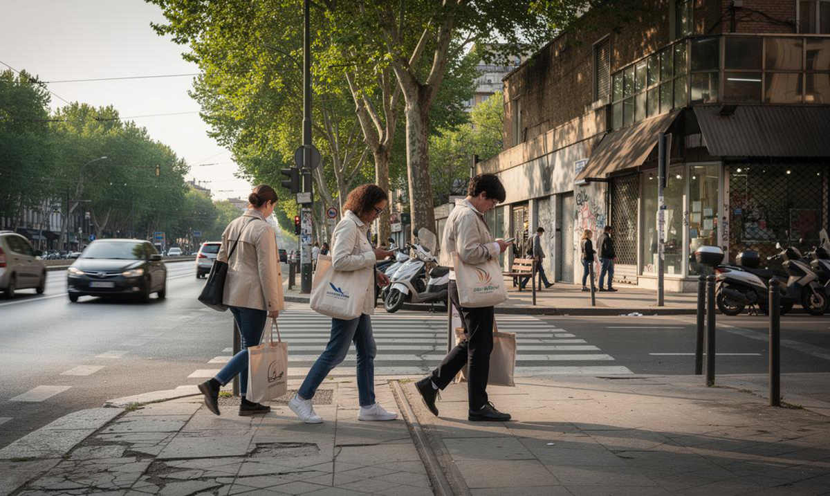 Tri osobe prelaze pešački prelaz noseći platnene torbe i gledaju u telefone