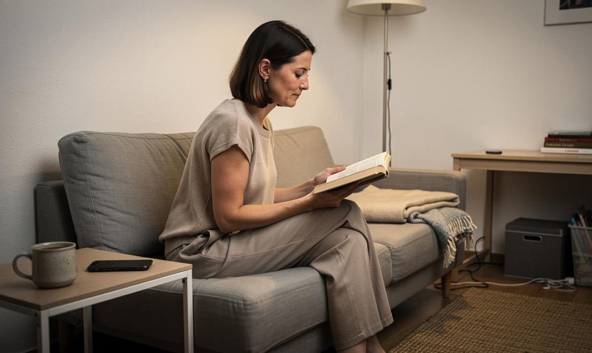 Žena sedi na kauču i čita knjigu