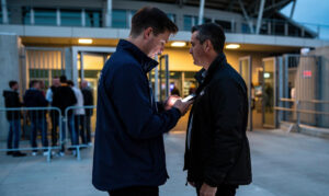 Muškarac proverava telefon dok drugi stoji naspram ulaza stadiona